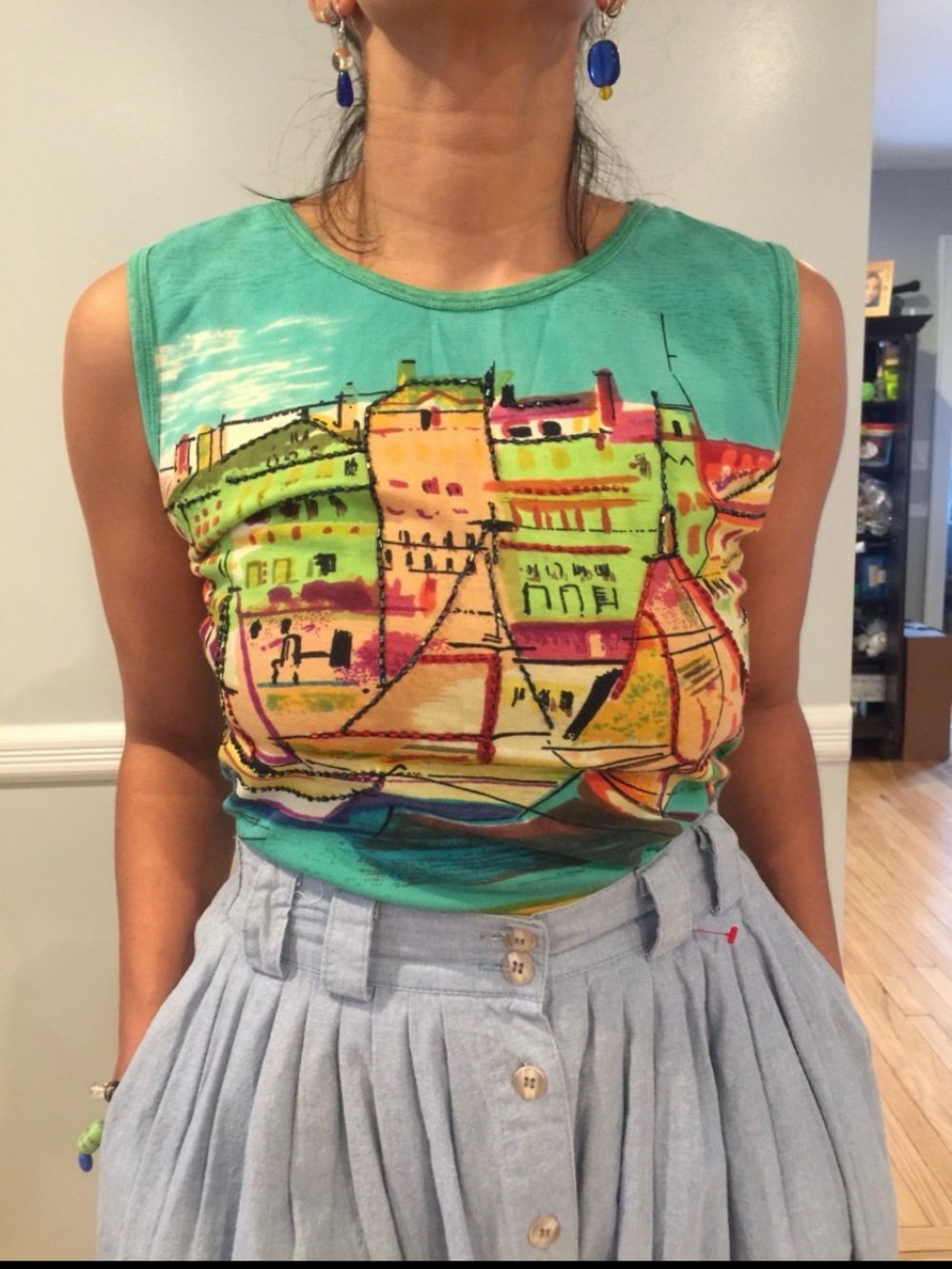 Y2K Graphic Sleeveless Top - beaded Turquoise & Multicolor